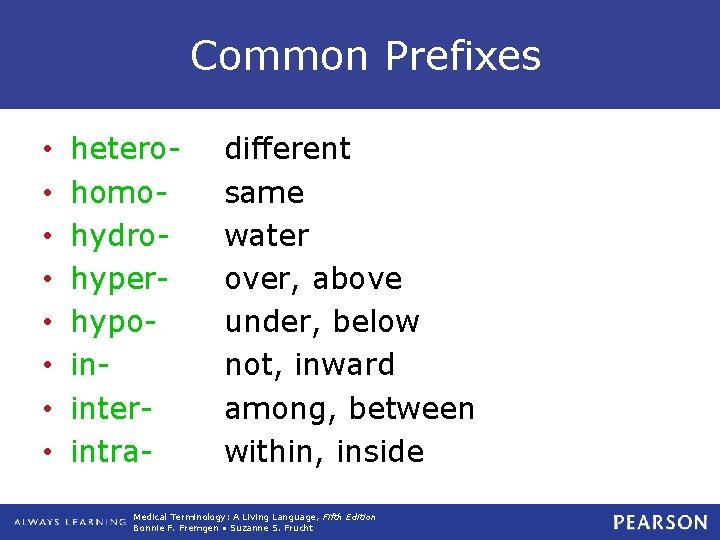 Common Prefixes • • heterohomohydrohyperhypoininterintra- different same water over, above under, below not, inward