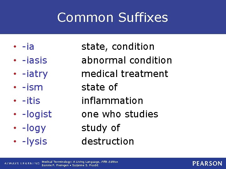 Common Suffixes • • -iasis -iatry -ism -itis -logist -logy -lysis state, condition abnormal Common Suffixes • • -iasis -iatry -ism -itis -logist -logy -lysis state, condition abnormal
