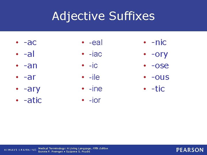 Adjective Suffixes • • • -ac -al -an -ary -atic • • • -eal Adjective Suffixes • • • -ac -al -an -ary -atic • • • -eal