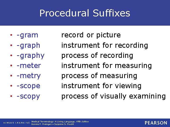 Procedural Suffixes • • -gram -graphy -meter -metry -scope -scopy record or picture instrument Procedural Suffixes • • -gram -graphy -meter -metry -scope -scopy record or picture instrument