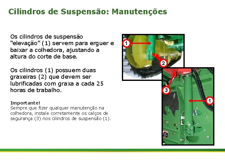 Cilindros de Suspensão: Manutenções Os cilindros de suspensão “elevação” (1) servem para erguer e