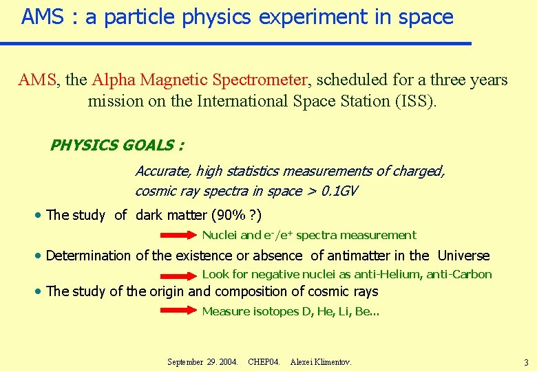 AMS : a particle physics experiment in space AMS, the Alpha Magnetic Spectrometer, scheduled