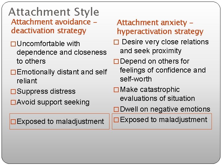 Attachment Style Attachment avoidance – deactivation strategy Attachment anxiety hyperactivation strategy � Desire very