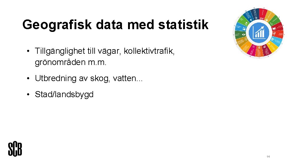 Geografisk data med statistik • Tillgänglighet till vägar, kollektivtrafik, grönområden m. m. • Utbredning