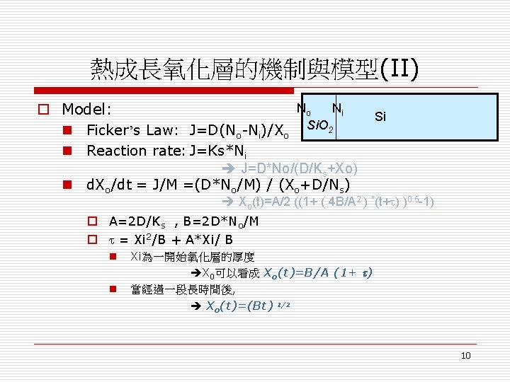 熱成長氧化層的機制與模型(II) No Ni o Model: n Ficker’s Law: J=D(No-Ni)/Xo Si. O 2 n Reaction