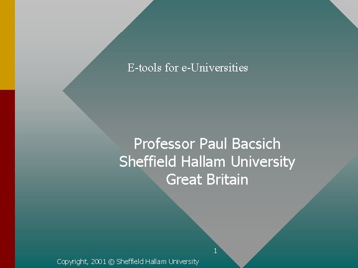 E-tools for e-Universities Professor Paul Bacsich Sheffield Hallam University Great Britain 1 Copyright, 2001