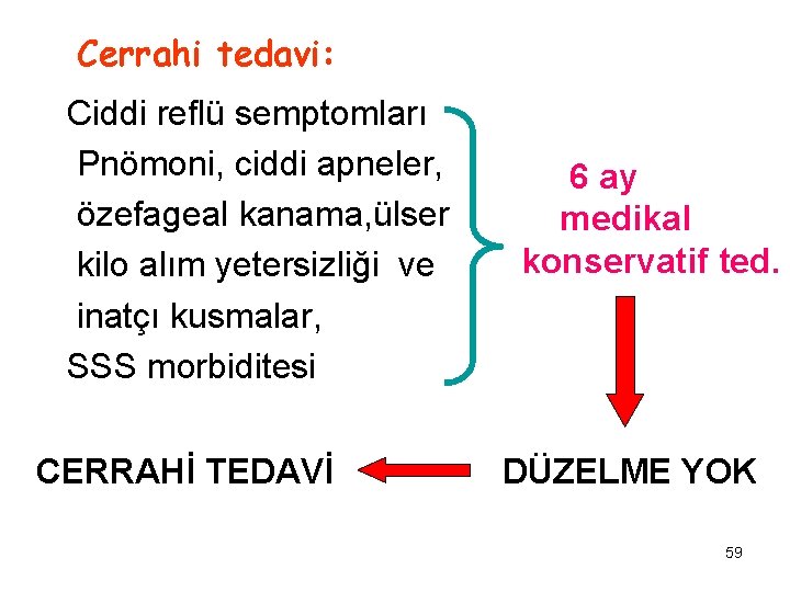 Cerrahi tedavi: Ciddi reflü semptomları Pnömoni, ciddi apneler, özefageal kanama, ülser kilo alım yetersizliği