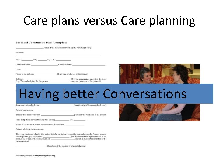 Care plans versus Care planning Having better Conversations Care plans versus Care planning Having better Conversations