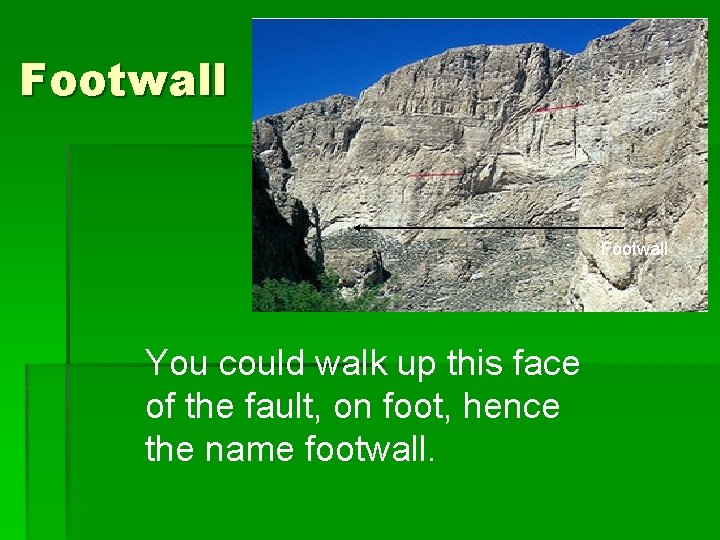 Footwall You could walk up this face of the fault, on foot, hence the