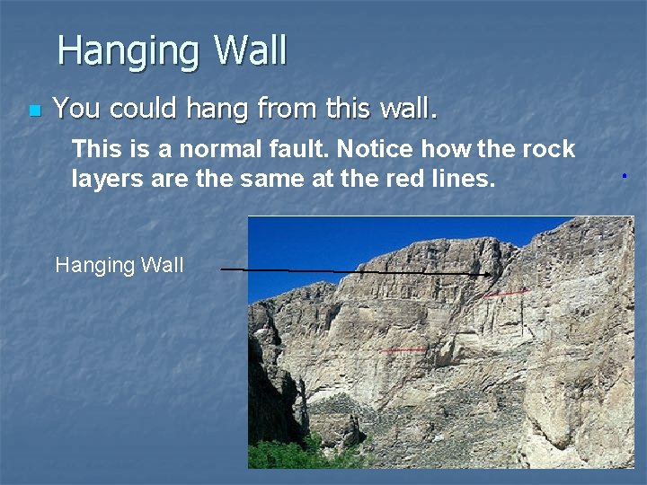 Hanging Wall n You could hang from this wall. This is a normal fault.