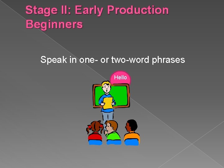 Stage II: Early Production Beginners Speak in one- or two-word phrases Hello 