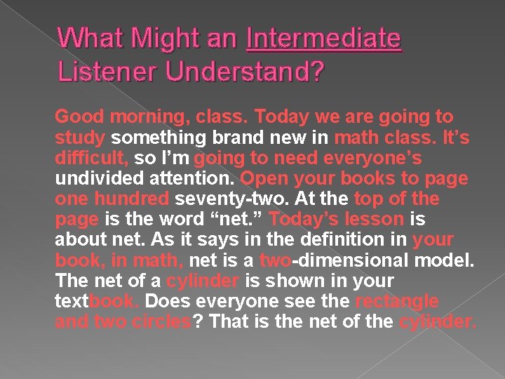 What Might an Intermediate Listener Understand? Good morning, class. Today we are going to
