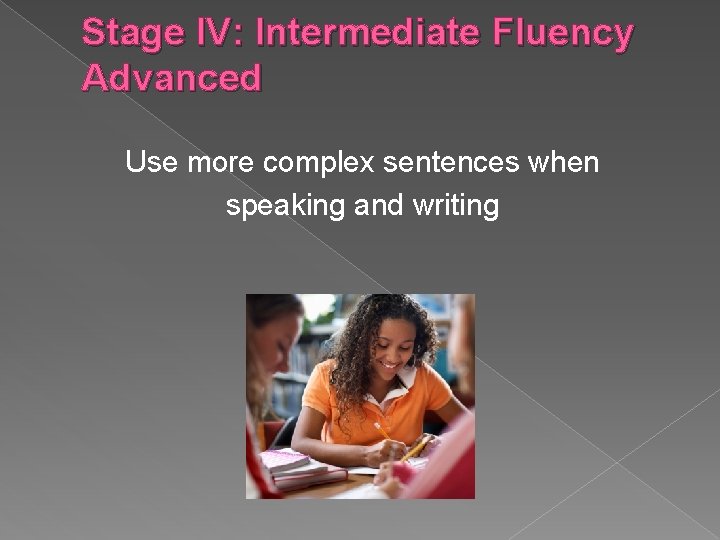 Stage IV: Intermediate Fluency Advanced Use more complex sentences when speaking and writing 