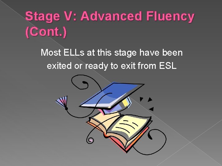 Stage V: Advanced Fluency (Cont. ) Most ELLs at this stage have been exited