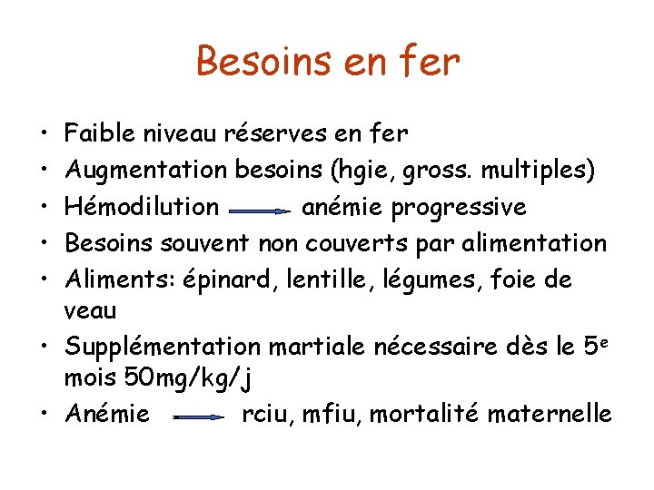 Besoins en fer • • • Faible niveau réserves en fer Augmentation besoins (hgie,