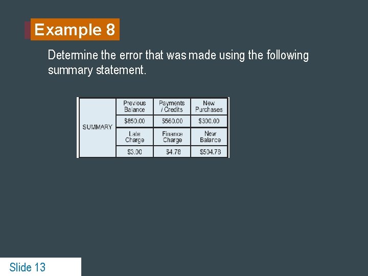 Example 8 Determine the error that was made using the following summary statement. Slide