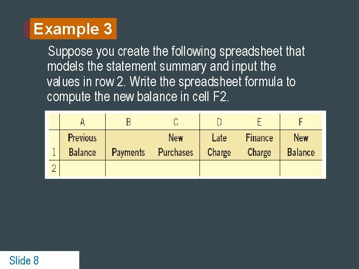 Example 3 Suppose you create the following spreadsheet that models the statement summary and
