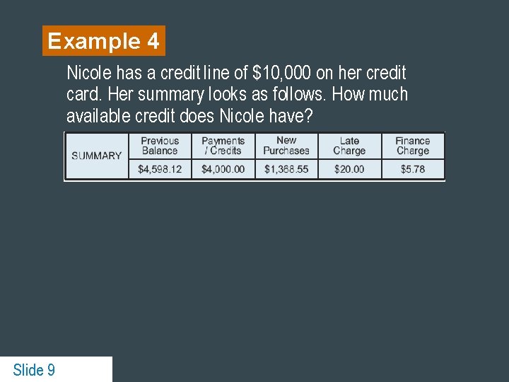 Example 4 Nicole has a credit line of $10, 000 on her credit card.