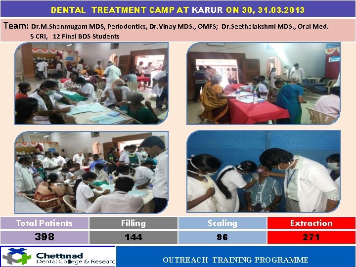 DENTAL TREATMENT CAMP AT KARUR ON 30, 31. 03. 2013 Team: Dr. M. Shanmugam