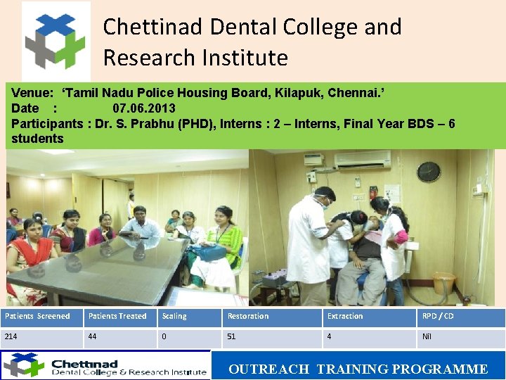 Chettinad Dental College and Research Institute Venue: ‘Tamil Nadu Police Housing Board, Kilapuk, Chennai.