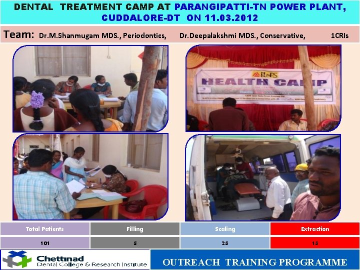 DENTAL TREATMENT CAMP AT PARANGIPATTI-TN POWER PLANT, CUDDALORE-DT ON 11. 03. 2012 Team: Dr.