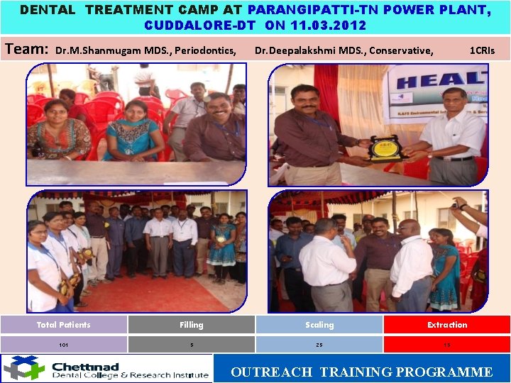 DENTAL TREATMENT CAMP AT PARANGIPATTI-TN POWER PLANT, CUDDALORE-DT ON 11. 03. 2012 Team: Dr.