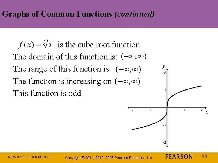 Graphs of Common Functions (continued) is the cube root function. The domain of this