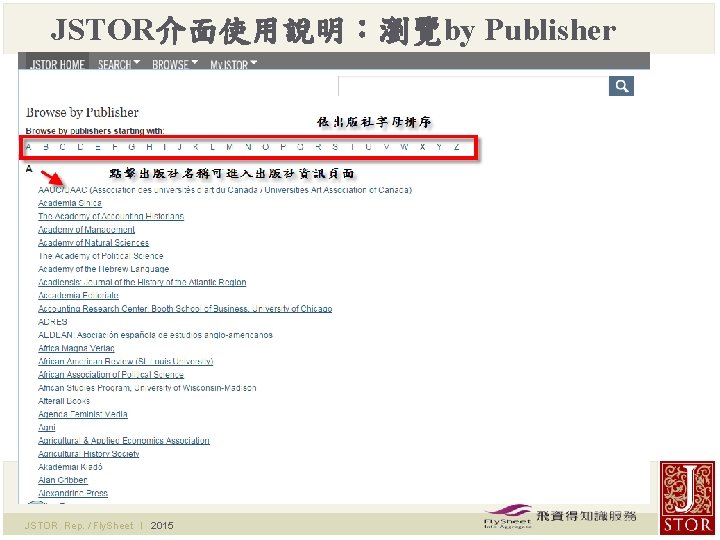 JSTOR介面使用說明：瀏覽by Publisher JSTOR Rep. / Fly. Sheet l 2015 
