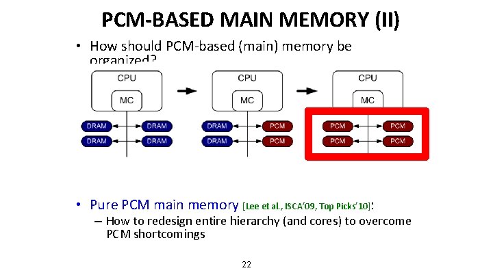 PCM-BASED MAIN MEMORY (II) • How should PCM-based (main) memory be organized? • Pure