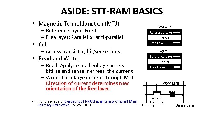 ASIDE: STT-RAM BASICS • Magnetic Tunnel Junction (MTJ) – Reference layer: Fixed – Free