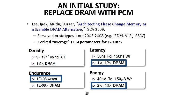 AN INITIAL STUDY: REPLACE DRAM WITH PCM • Lee, Ipek, Mutlu, Burger, “Architecting Phase