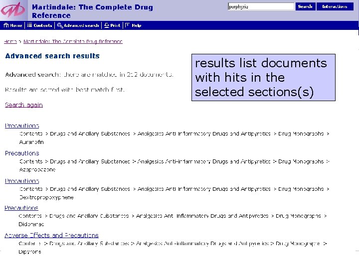 results list documents with hits in the selected sections(s) 