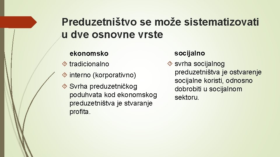 Preduzetništvo se može sistematizovati u dve osnovne vrste ekonomsko tradicionalno interno (korporativno) Svrha preduzetničkog