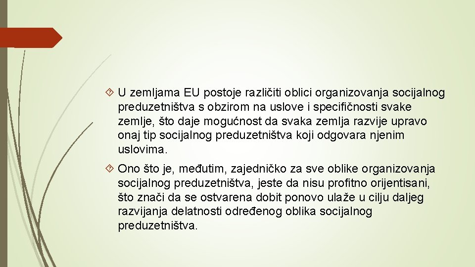  U zemljama EU postoje različiti oblici organizovanja socijalnog preduzetništva s obzirom na uslove