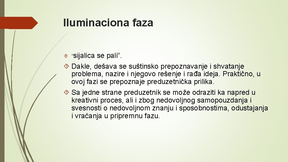 Iluminaciona faza “sijalica se pali”. Dakle, dešava se suštinsko prepoznavanje i shvatanje problema, nazire