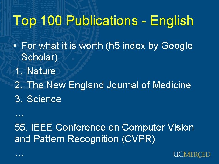 Top 100 Publications - English • For what it is worth (h 5 index