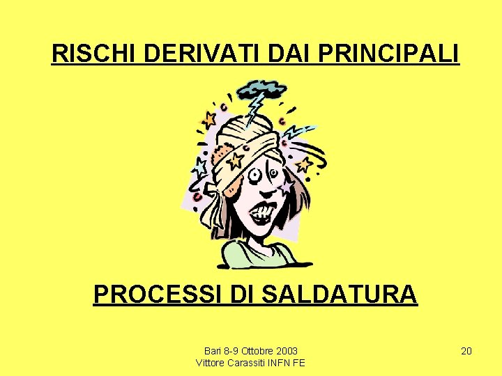 RISCHI DERIVATI DAI PRINCIPALI PROCESSI DI SALDATURA Bari 8 -9 Ottobre 2003 Vittore Carassiti