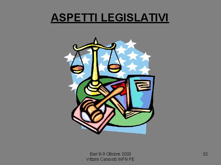 ASPETTI LEGISLATIVI Bari 8 -9 Ottobre 2003 Vittore Carassiti INFN FE 32 