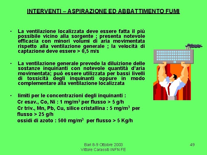 INTERVENTI – ASPIRAZIONE ED ABBATTIMENTO FUMI • La ventilazione localizzata deve essere fatta il