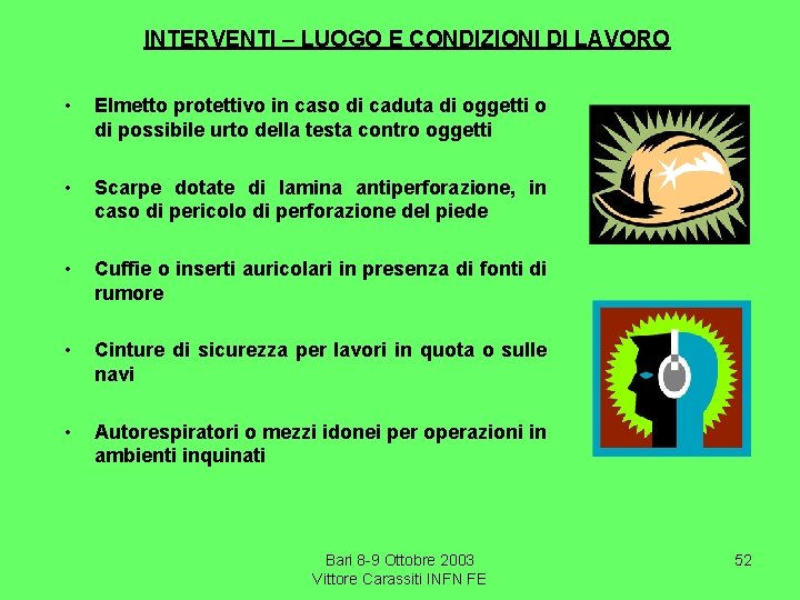 INTERVENTI – LUOGO E CONDIZIONI DI LAVORO • Elmetto protettivo in caso di caduta