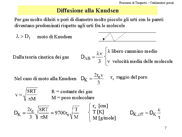 Fenomeni di Trasporto – Catalizzatori porosi Diffusione alla Knudsen Per gas molto diluiti o