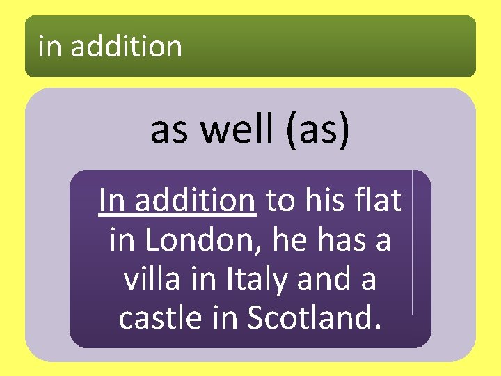 in addition as well (as) In addition to his flat in London, he has