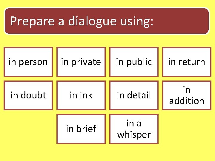 Prepare a dialogue using: in person in doubt in private in public in return