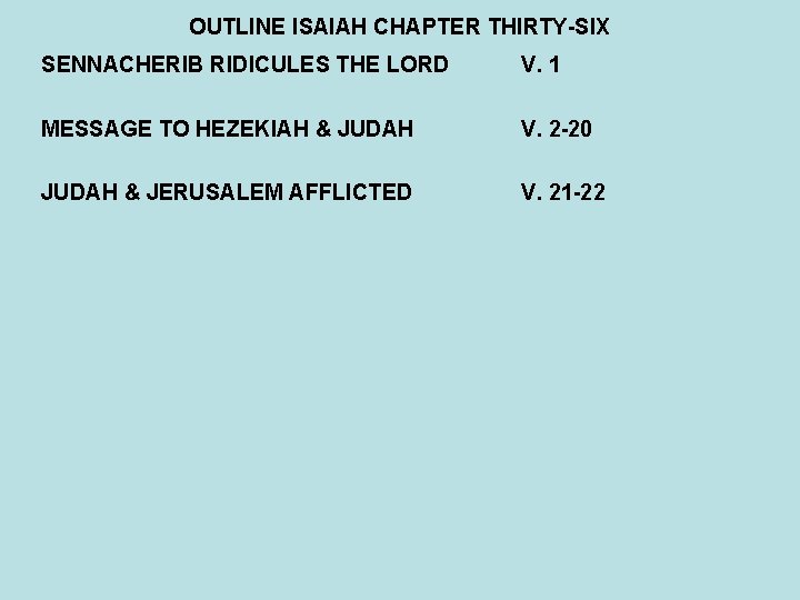 OUTLINE ISAIAH CHAPTER THIRTY-SIX SENNACHERIB RIDICULES THE LORD V. 1 MESSAGE TO HEZEKIAH &