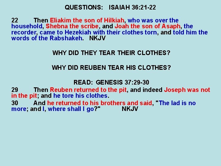 QUESTIONS: ISAIAH 36: 21 -22 22 Then Eliakim the son of Hilkiah, who was