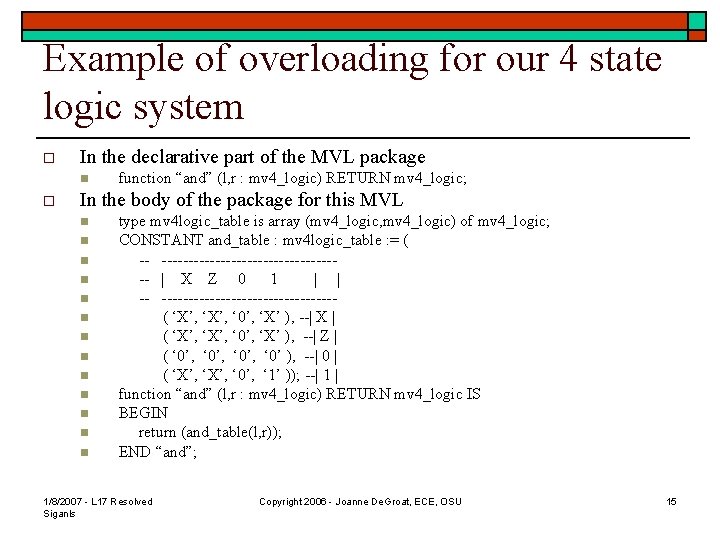 Example of overloading for our 4 state logic system o In the declarative part
