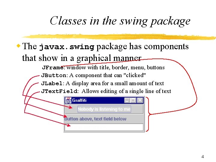 Classes in the swing package w The javax. swing package has components that show