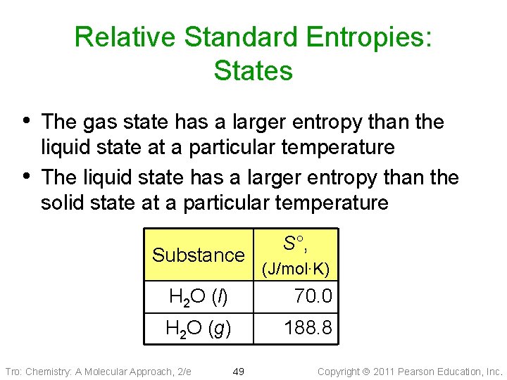Relative Standard Entropies: States • The gas state has a larger entropy than the