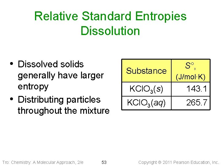 Relative Standard Entropies Dissolution • Dissolved solids • generally have larger entropy Distributing particles