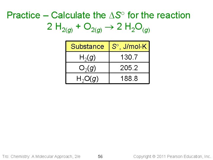 Practice – Calculate the DS for the reaction 2 H 2(g) + O 2(g)